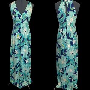 Lilly Pulitzer Halter Do the Wave True Blue Maxi Dress Silk Beachy Wedding Y2K S